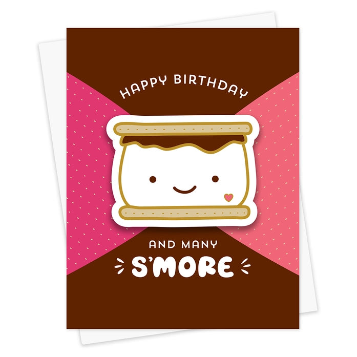 Birthday card with a cute s'more illustration on a pink and brown background