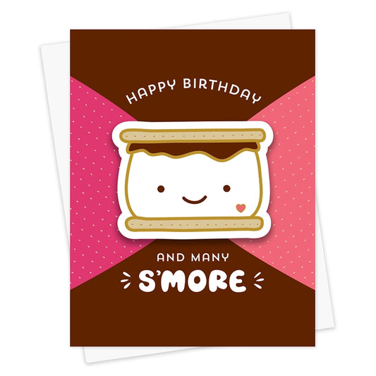 Birthday card with a cute s'more illustration on a pink and brown background