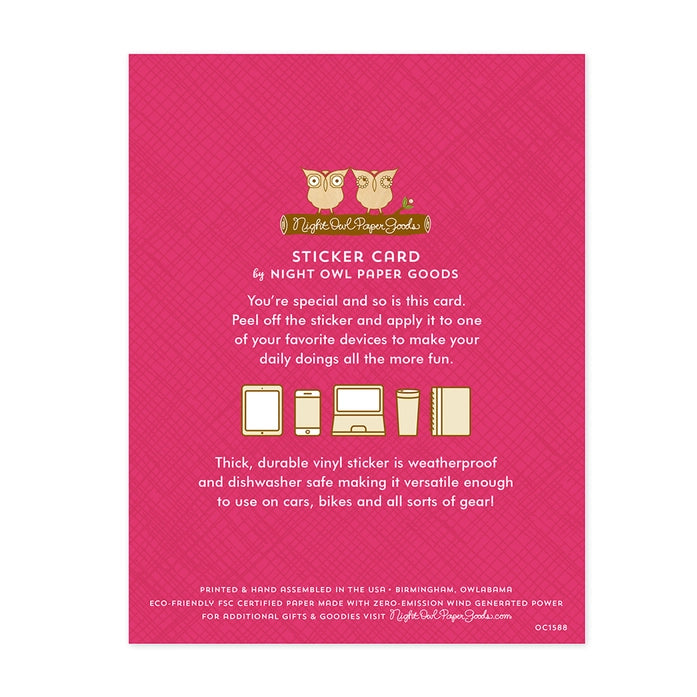 Pink sticker card with owl design and text by Night Owl Paper Goods on a white background