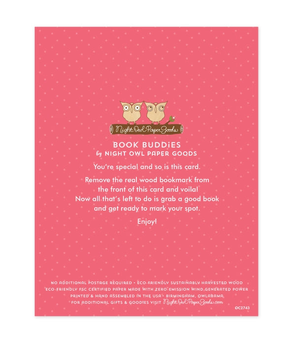 Pink polka dot card with owl design and text from Night Owl Paper Goods