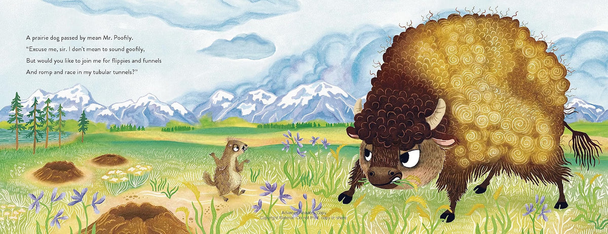 A children's book illustration showing a large brown spiral-patterned buffalo in a grassy field with mountains in the background, alongside a small prairie dog and printed text in the upper left.