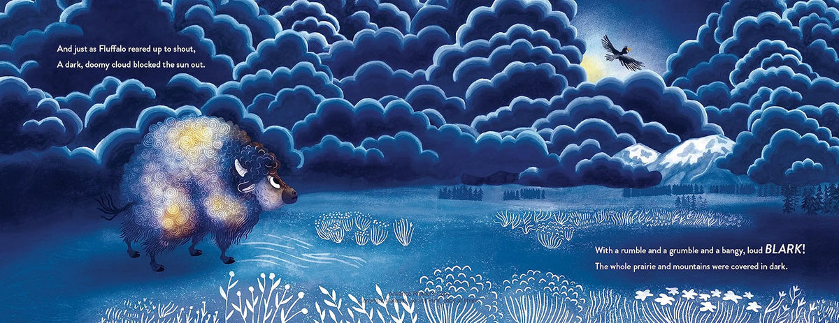 A whimsical illustrated scene showing a fluffy blue creature standing in a dark blue landscape under a cloudy night sky, with a glowing moon and stars. Text appears in the corners, and the artwork is highly stylized and fantasy-oriented.