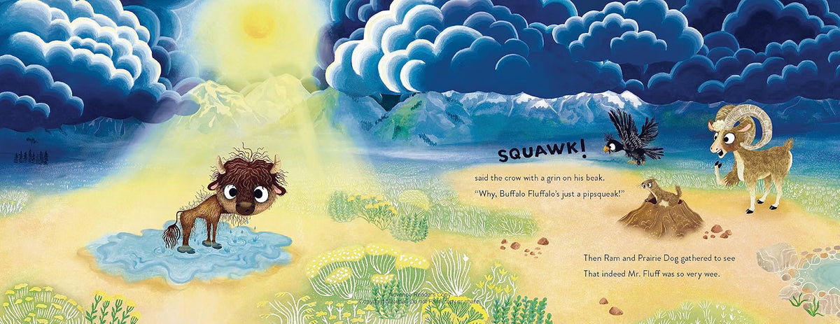 A colorful children's book illustration showing a dark stormy sky with blue clouds, a bright sunbeam, and animals including a duckling, a bird, and a goat in a grassy landscape. Text on the page includes 'SQUAWK!' and a short story.