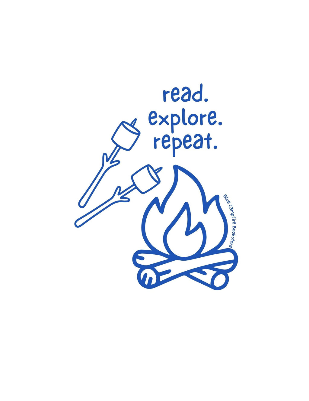 A blue campfire and two marshmallows on sticks under the text read explore repeat