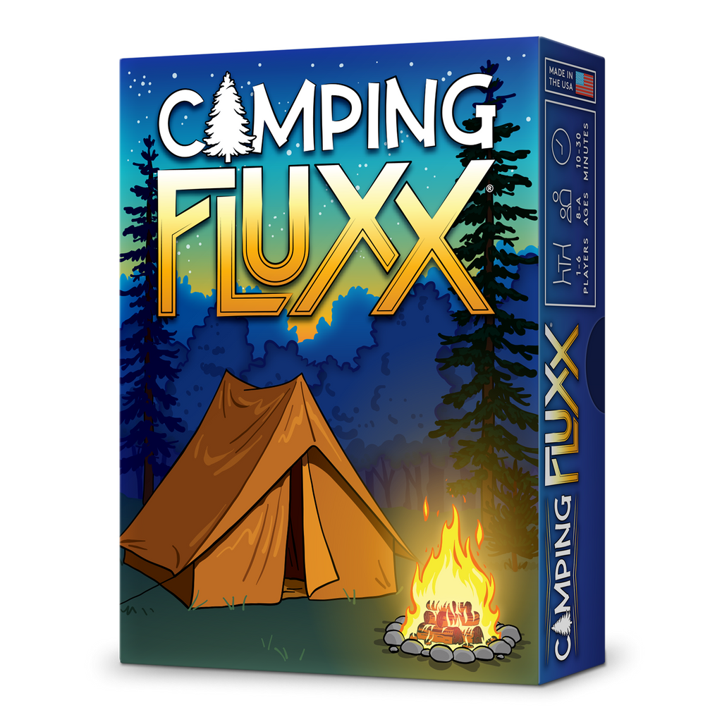 Card game box for 'Camping Fluxx' with a tent and campfire design on a blue background.