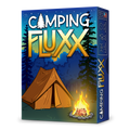 Card game box for 'Camping Fluxx' with a tent and campfire design on a blue background.