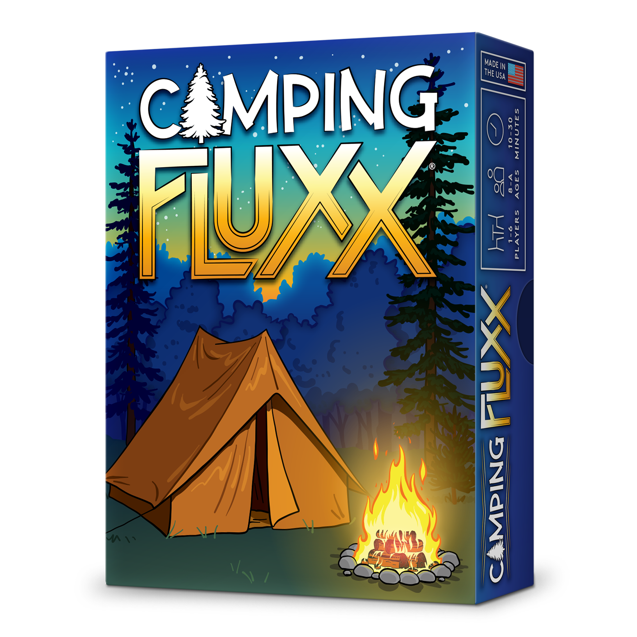Card game box for 'Camping Fluxx' with a tent and campfire design on a blue background.
