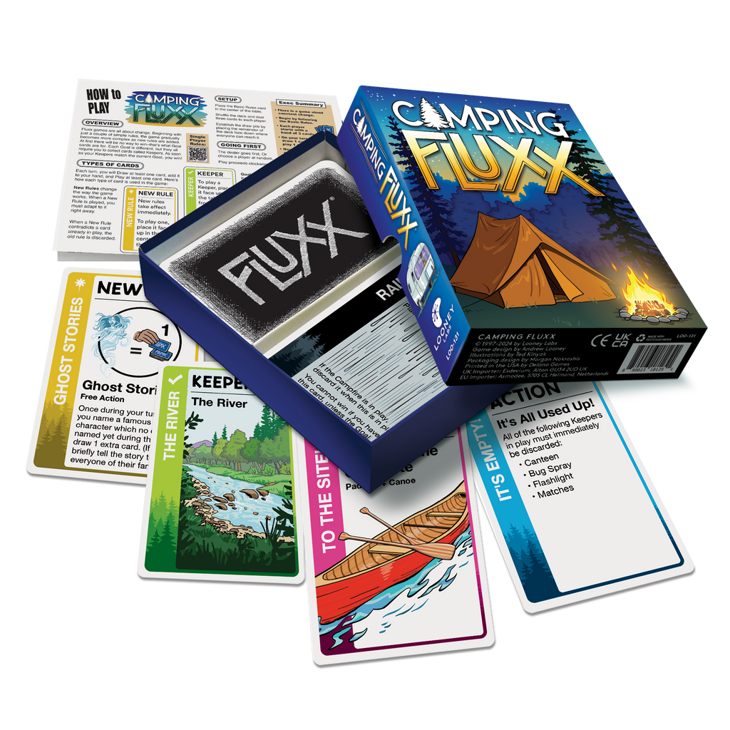 Camping Fluxx game set with cards and box on a white background