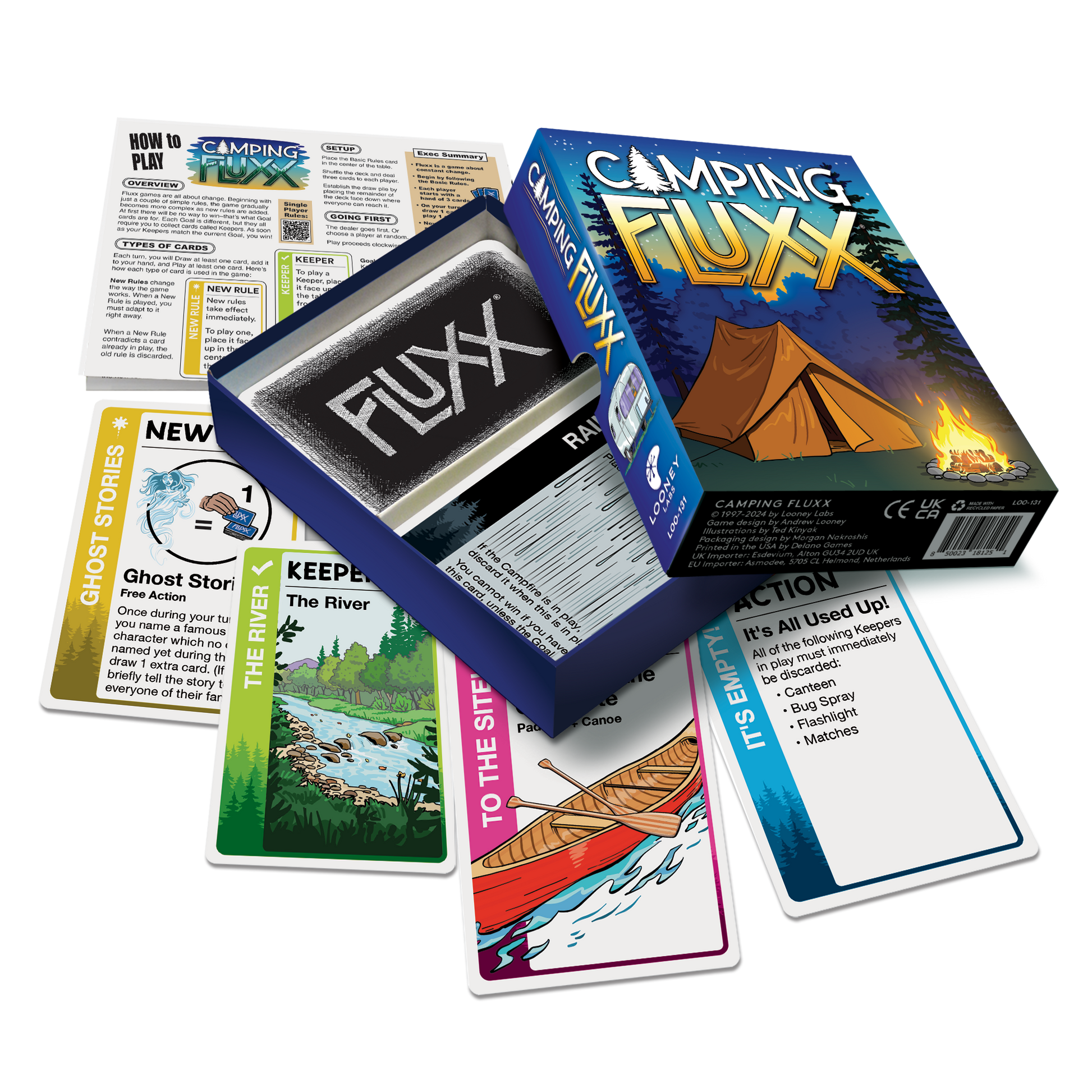 Camping Fluxx game set with cards and box on a white background