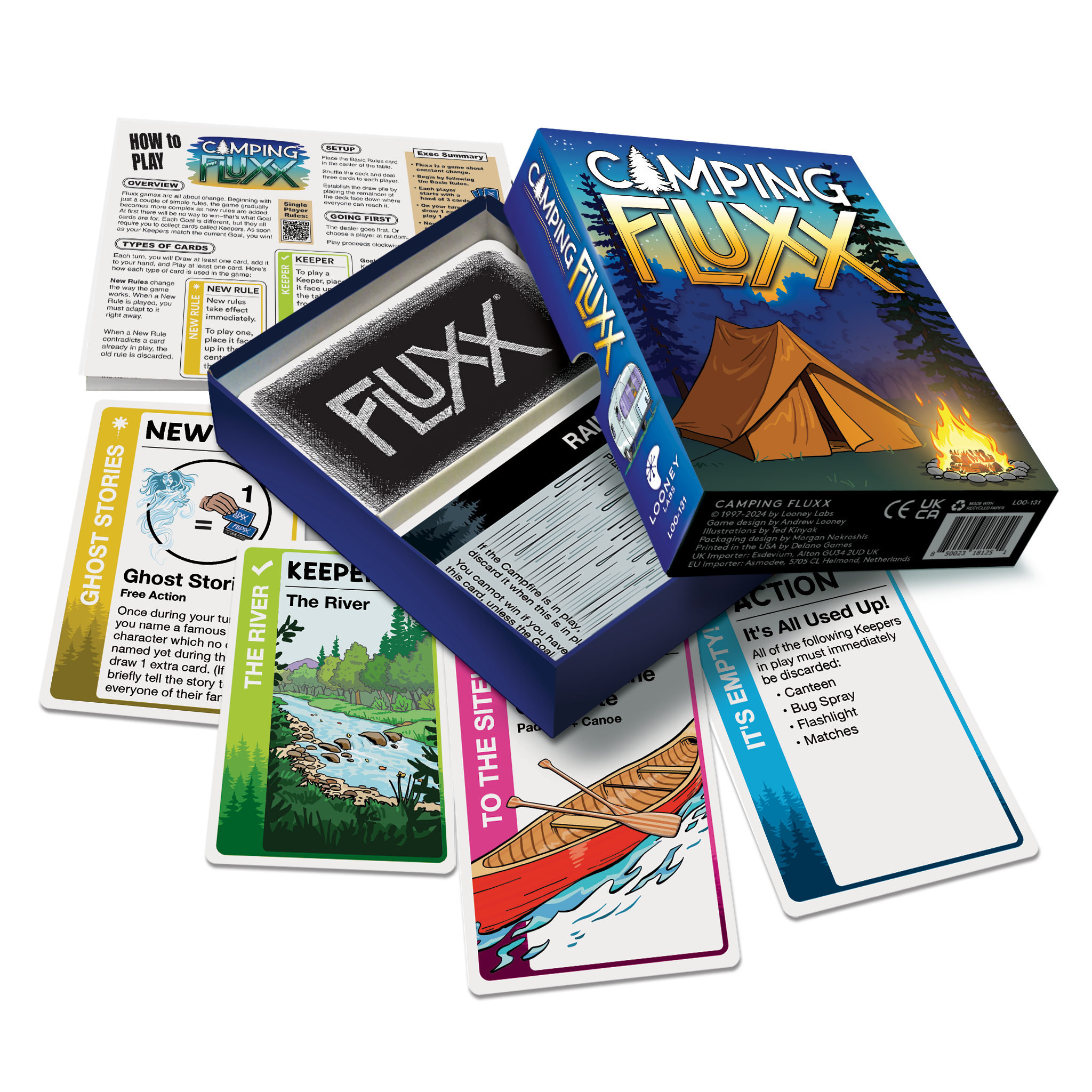 Camping Fluxx game set with cards and box on a white background