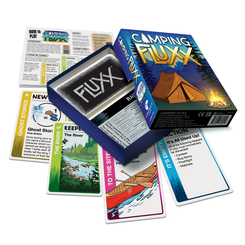 Camping Fluxx game set with cards and box on a white background