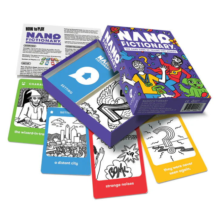 Nanofictionary game set with cards and box on a white background