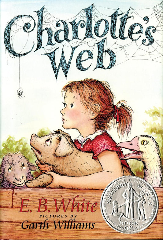 Book cover of 'Charlotte's Web' with a girl, pig, and duck on a wooden platform.