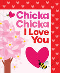 Book cover of 'Chicka Chicka I Love You' with a heart, tree, and bee design on a red background.