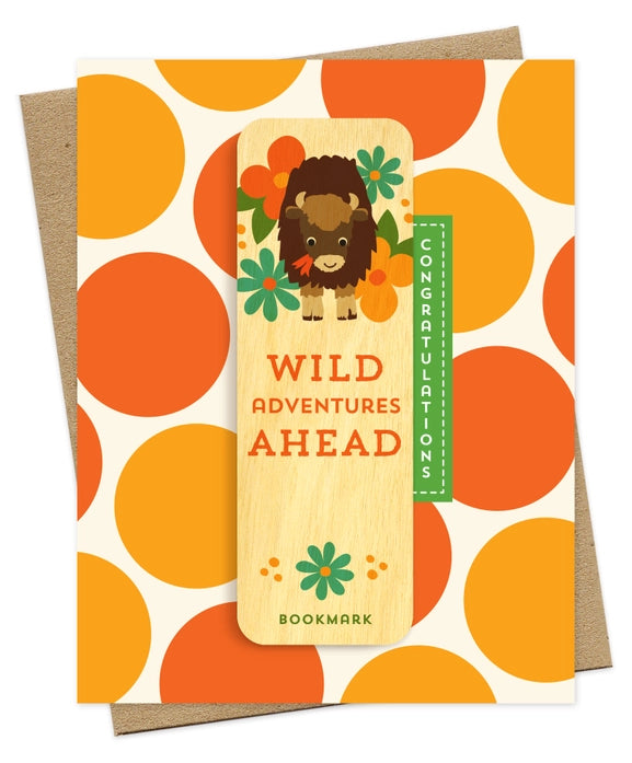 Greeting card with a bookmark featuring a bison illustration on an orange and white patterned background.