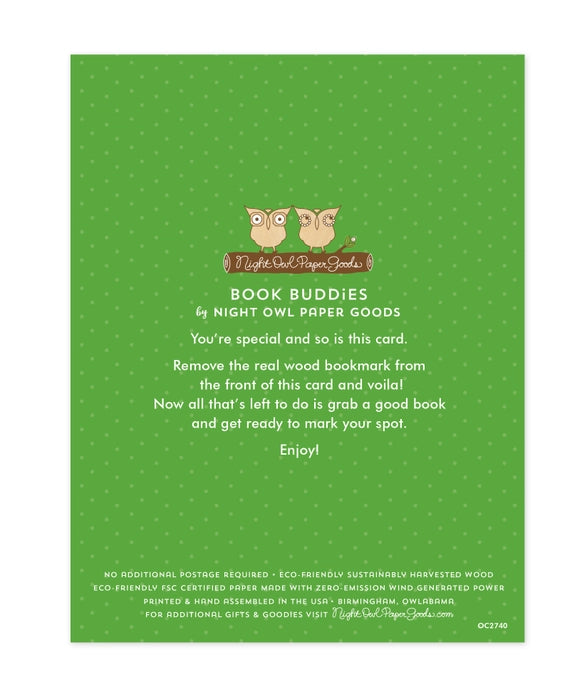 Green card with owl design and text from Night Owl Paper Goods