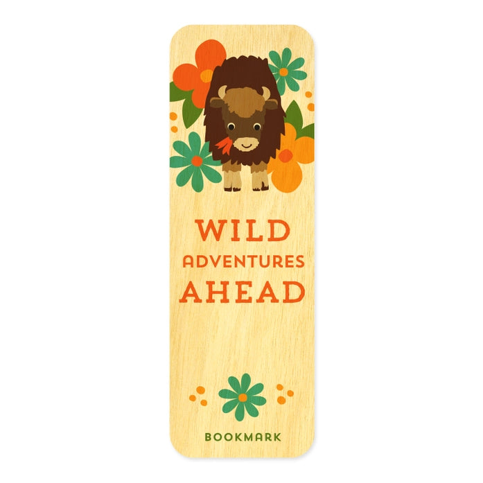 Wooden bookmark with a bison illustration and 'Wild Adventures Ahead' text on a white background