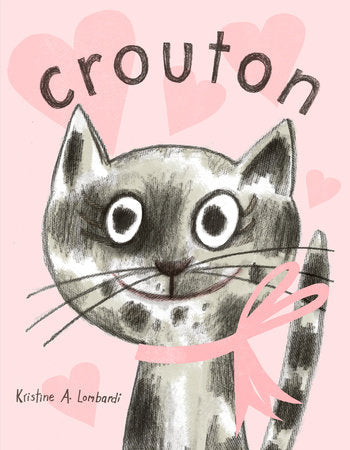 Illustration of a cat with a pink bow and hearts, featuring the name 'Crouton'.
