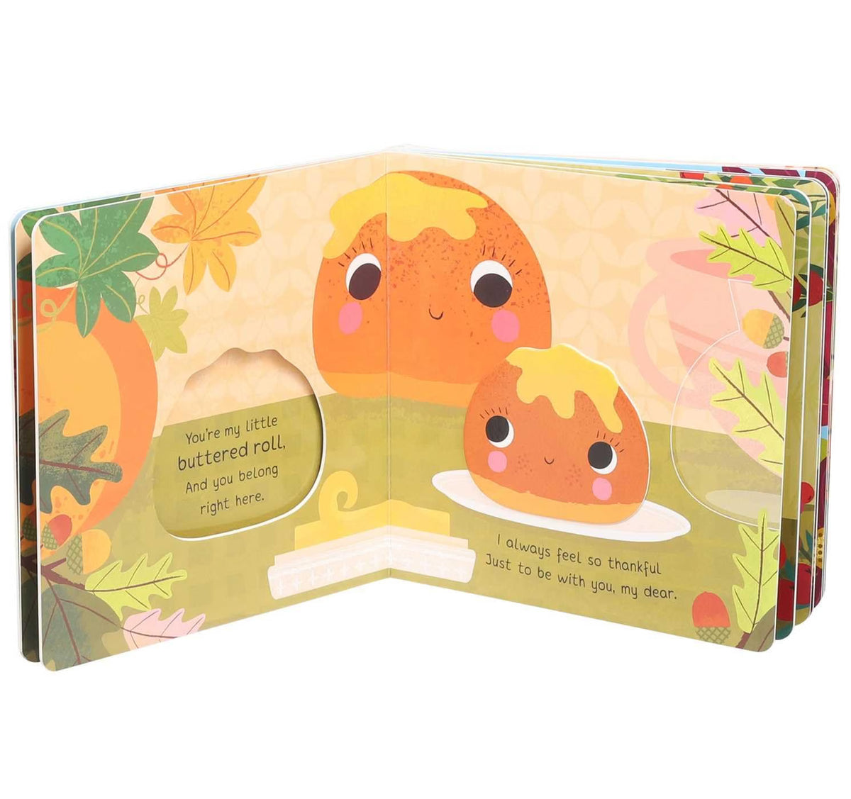 Illustrated book with two cartoon-like buttered rolls on a colorful background