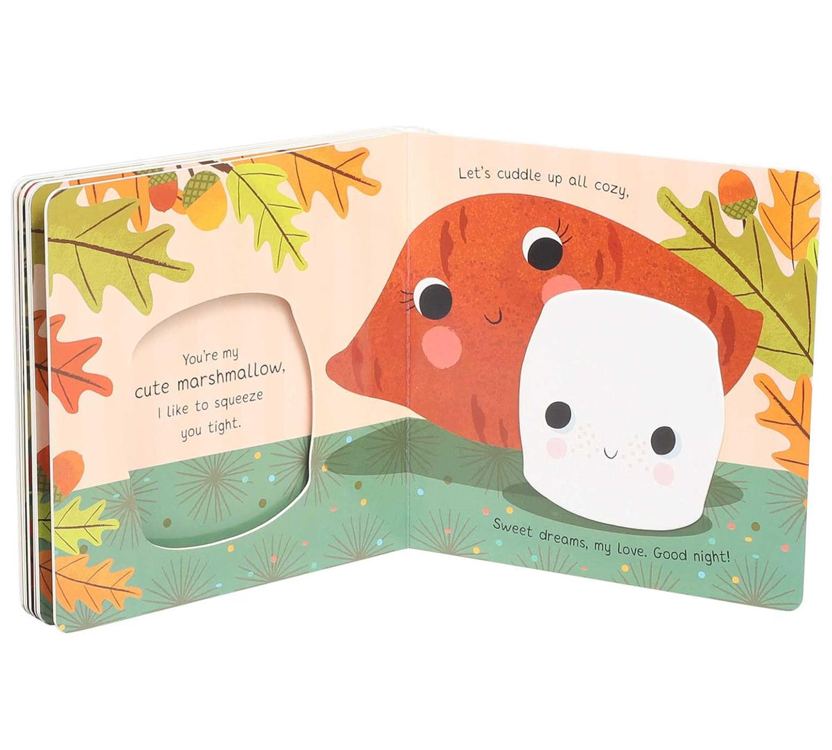 Children's book open to a page with a fox and marshmallow character and autumn leaves on the cover.