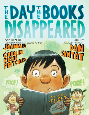 The Day the Books Disappeared picture book cover art showing boy holding a book with "Flight" written on it 