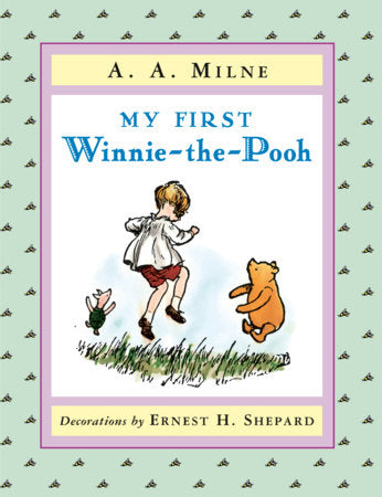 Cover art for My First Winnie-the-Pooh showing Christopher Robin jumping with Winnie the Pooh bear and Piglet