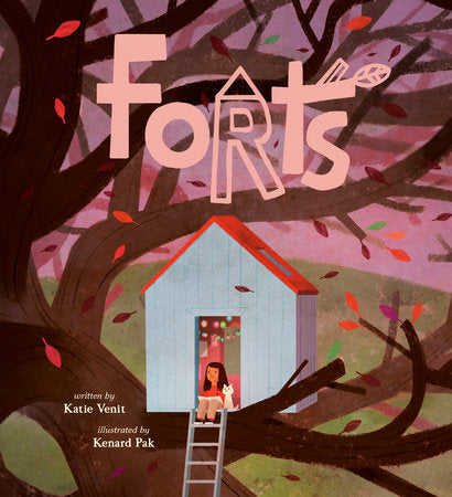Book cover of 'Forts' with a treehouse and child illustration