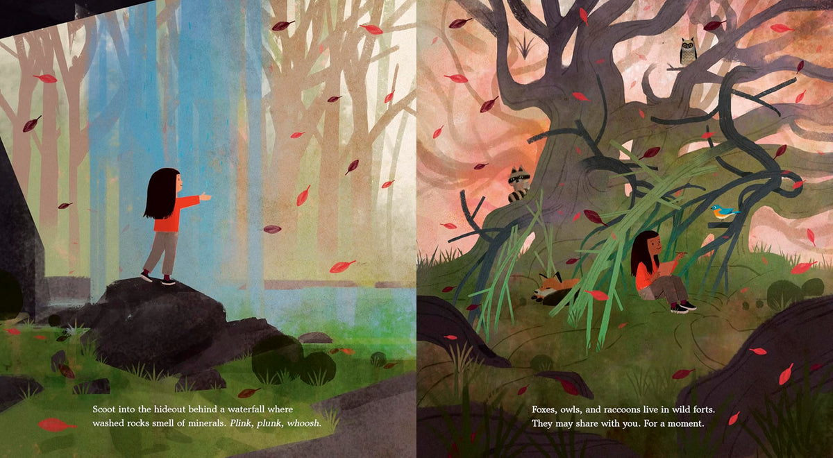 Illustrations of a person in a forest with text overlay