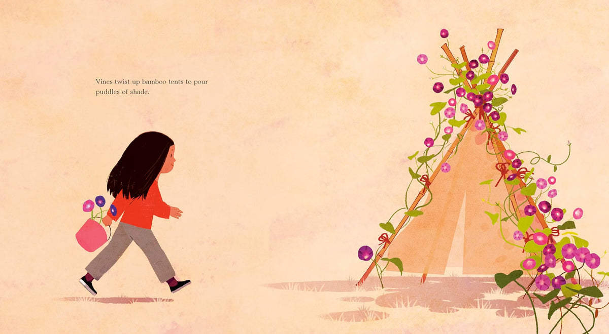 An illustrated scene shows a girl walking beside a teepee decorated with pink flowers and green vines on a warm beige background. Small text appears on the left, and the artwork is presented as a clean graphic rather than a real photographed environment.