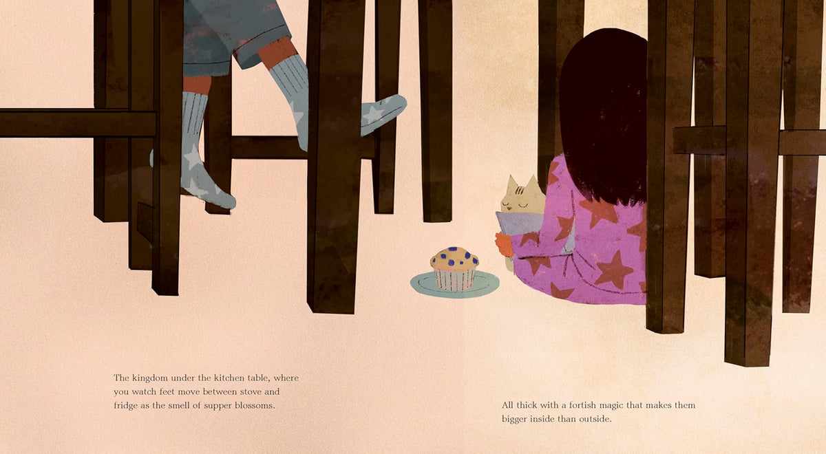Illustration of children playing under a kitchen table with text underneath.