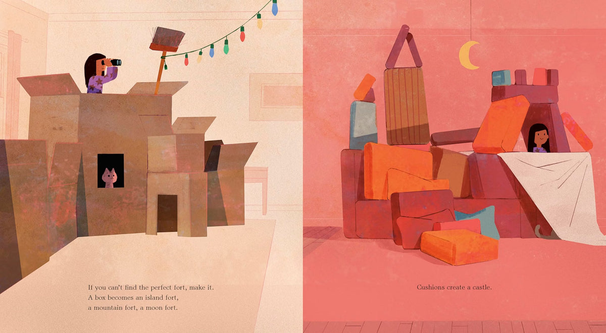 A children's book or illustrated print showing two warm-toned scenes side by side. On the left, a child stands in a cardboard fort with a magnifying glass.