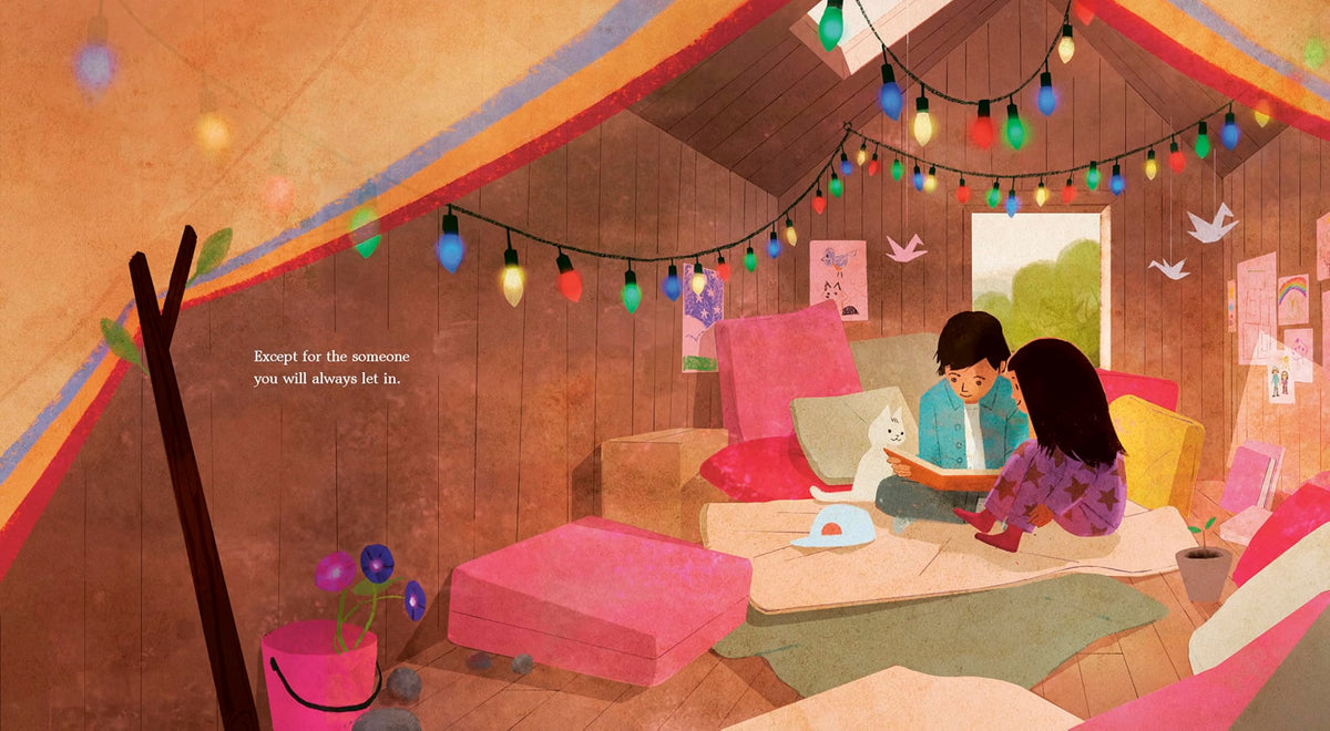 Illustration of a cozy room with colorful lights, a couple sitting on a couch, and children playing.