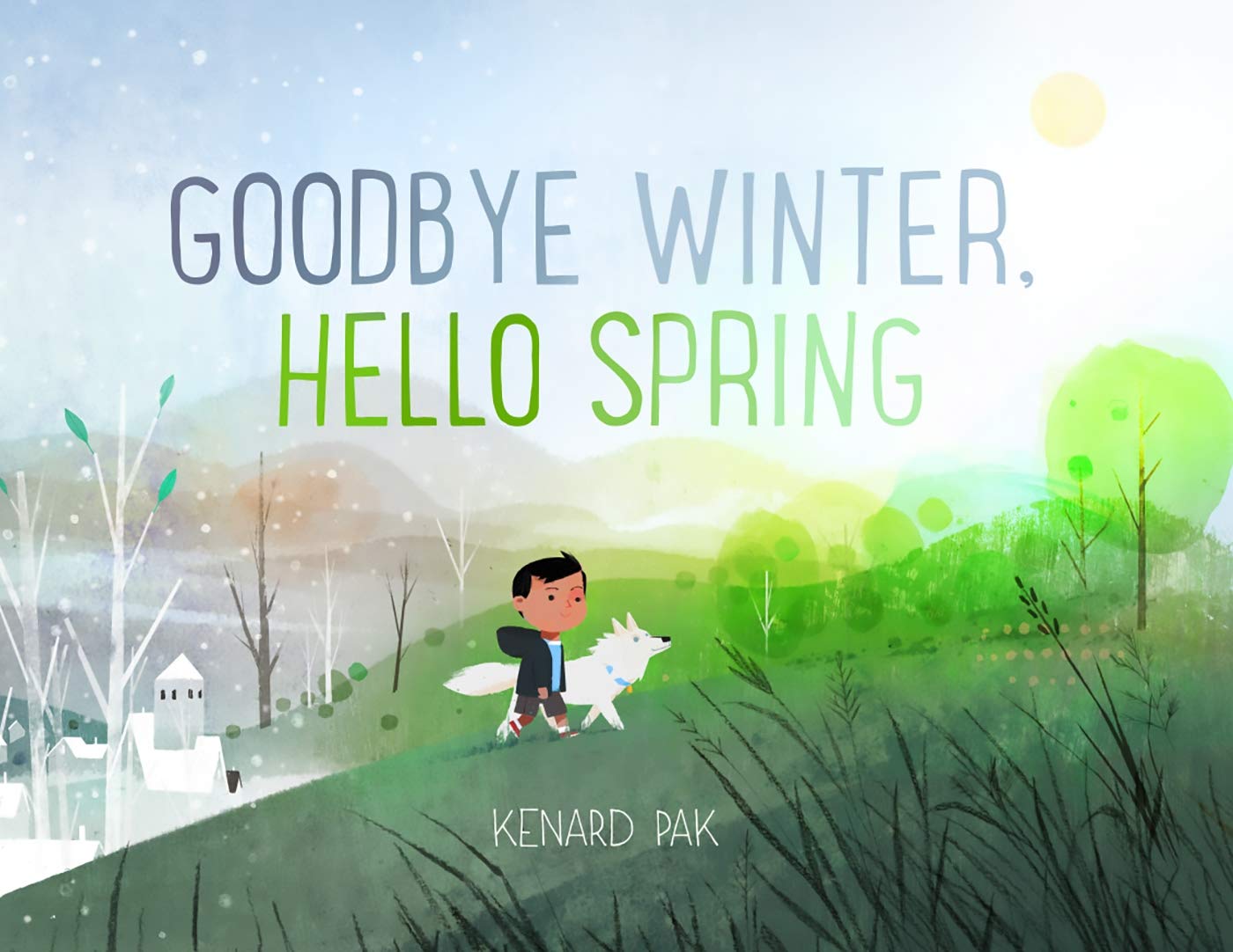 Illustration of a boy and dog walking on a hill with 'Goodbye Winter, Hello Spring' text.