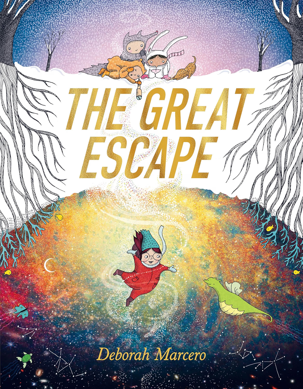 Book cover for 'The Great Escape' by Deborah Marino, featuring whimsical fantasy illustration with children in a snowy landscape above and a swirling cosmic scene below, with the title in large gold letters.