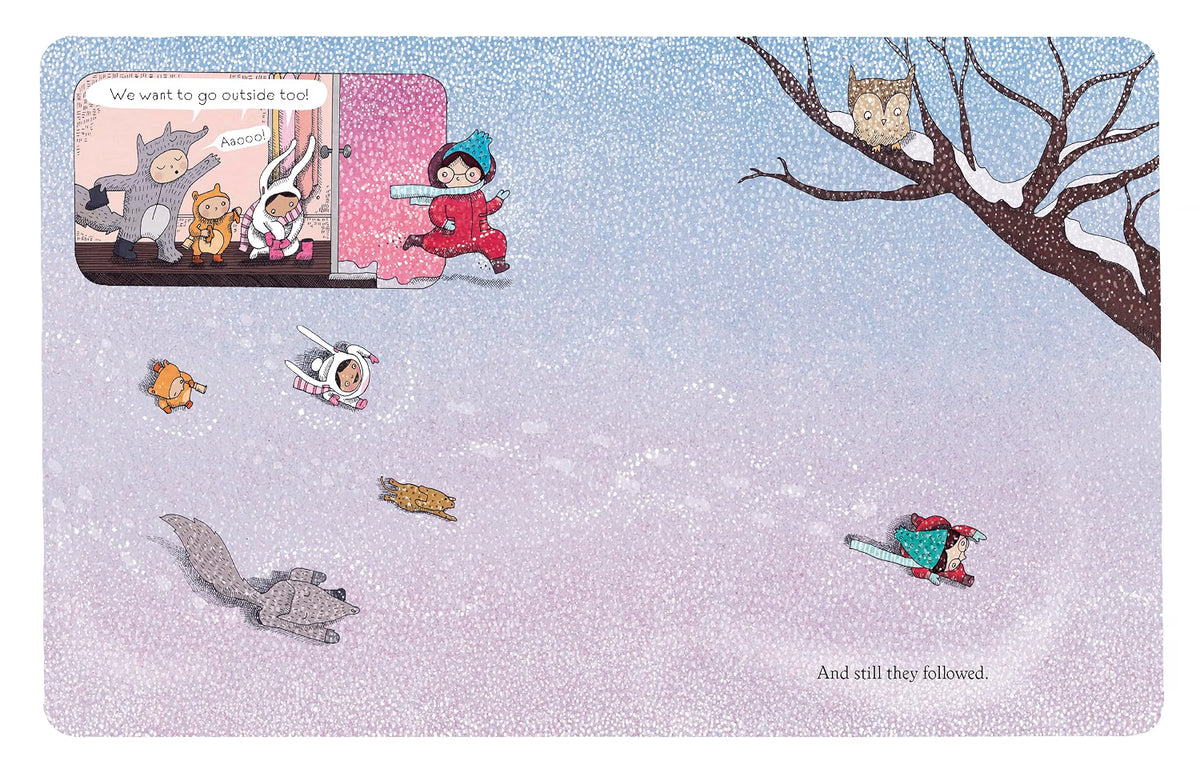 Children's book page with winter scene and animal illustrations