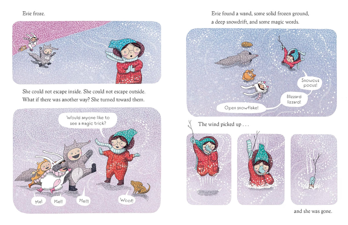 Illustrated book page with a winter scene featuring characters and text.