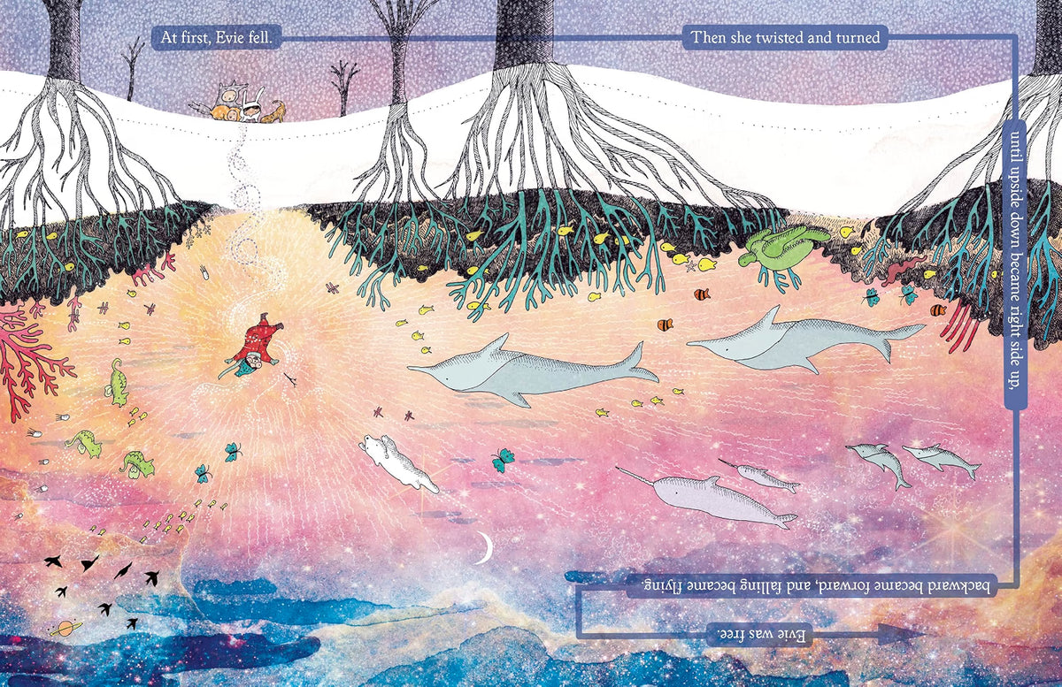 An illustrated art print featuring a surreal underwater and root-crossing scene with dolphins, fish, mangrove roots, birds, and text blocks on a pastel background.