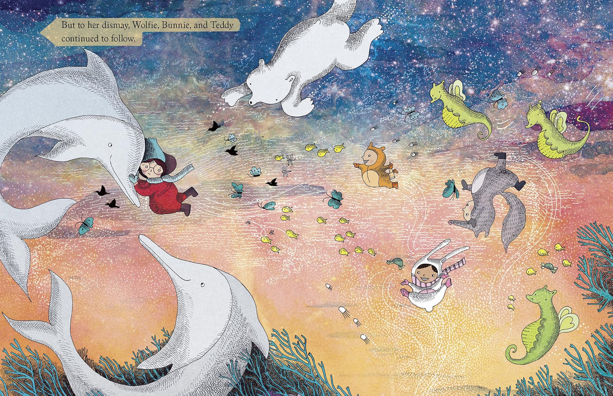 A whimsical illustrated scene with a child floating in a dreamlike ocean of stars and sea creatures. Large white dolphins surround the child, with a polar bear, fish, seahorse, and other fantastical marine animals in a colorful night sky and sandy water.