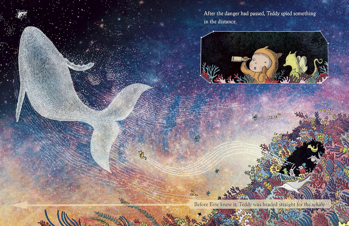 Illustrated book page with a whale, child, and underwater scene.