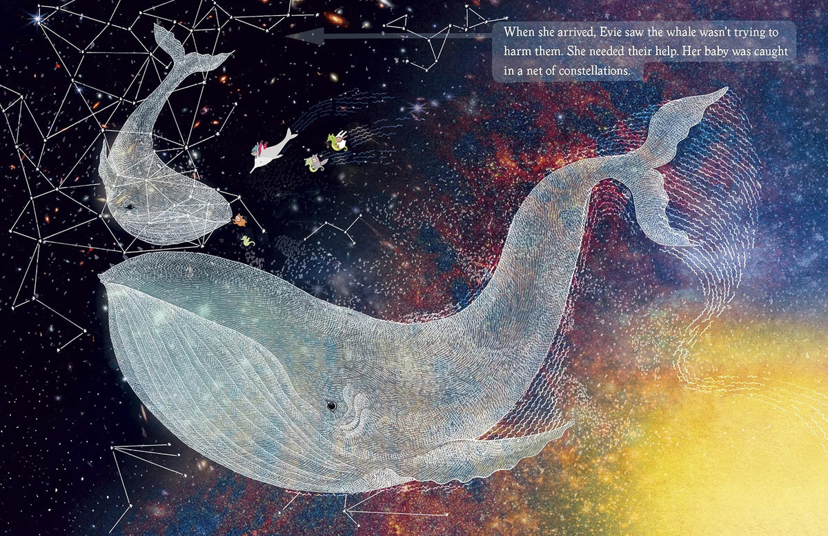 A celestial art print featuring two whale constellations in white line art against a starry deep space background with red, orange, and yellow nebulae, complete with a text box in the upper right.