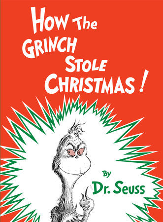 Book cover of 'How the Grinch Stole Christmas!' by Dr. Seuss with a red background and Grinch illustration.