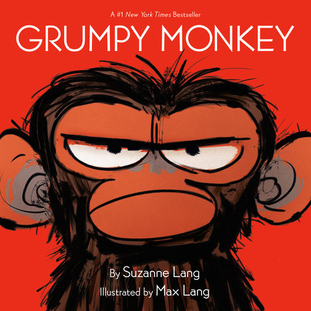 Book cover of 'Grumpy Monkey' with a grumpy monkey illustration on a red background.