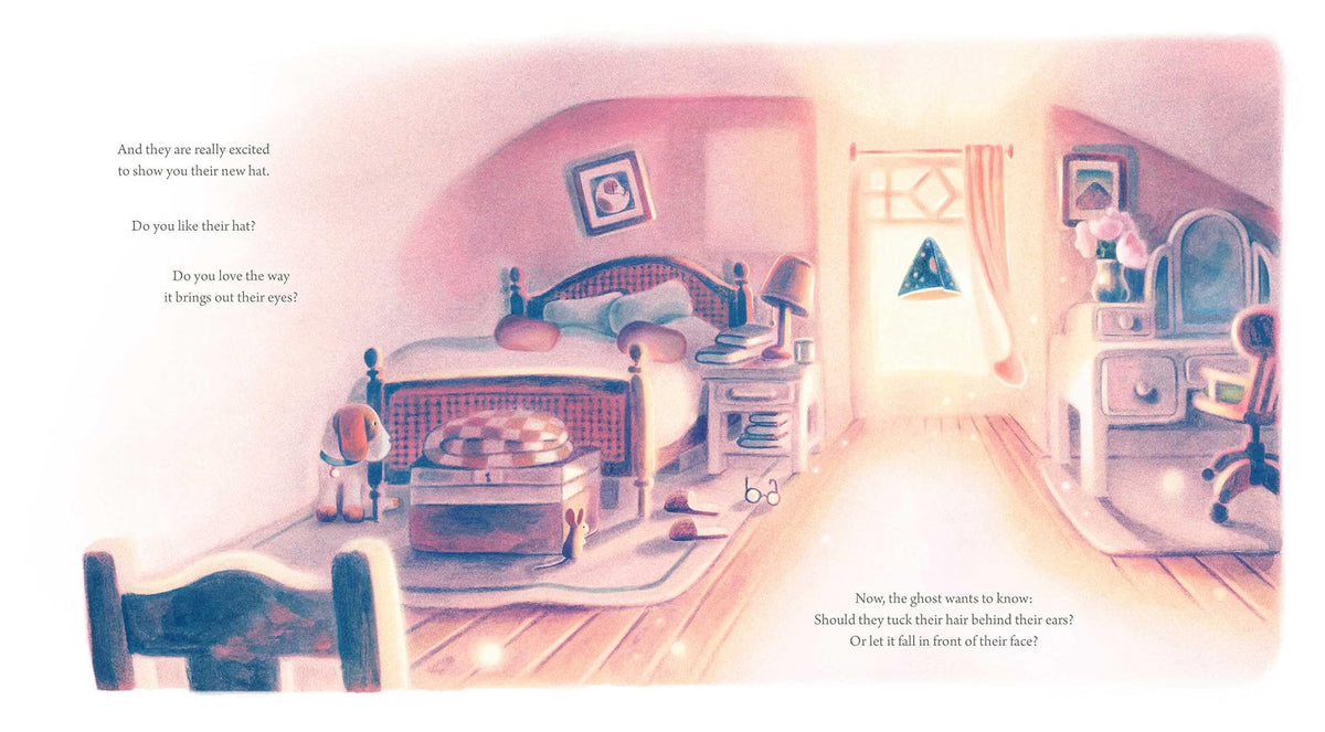 Illustrated room with a bed, desk, and chair, featuring a warm glow.