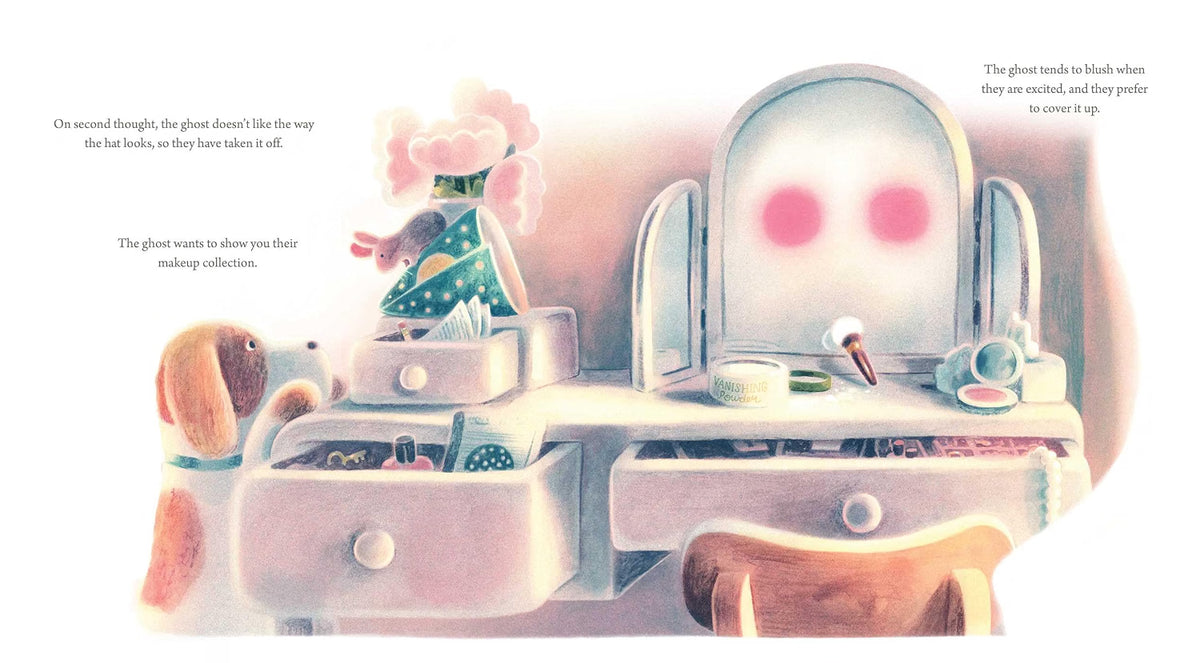 Illustration of a ghost using a vanity mirror with a teddy bear and other objects.