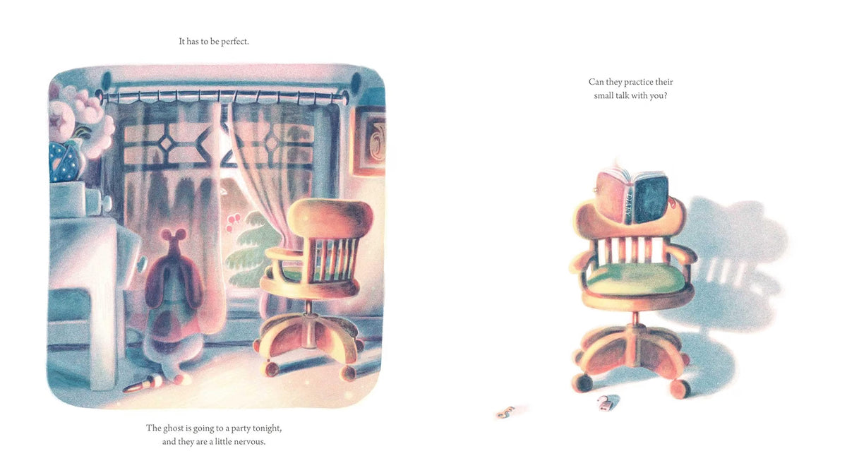 A two-page illustrated spread showing a whimsical interior scene with a small pink rabbit near a window and a wooden chair with an open book, accompanied by short text on a white background.