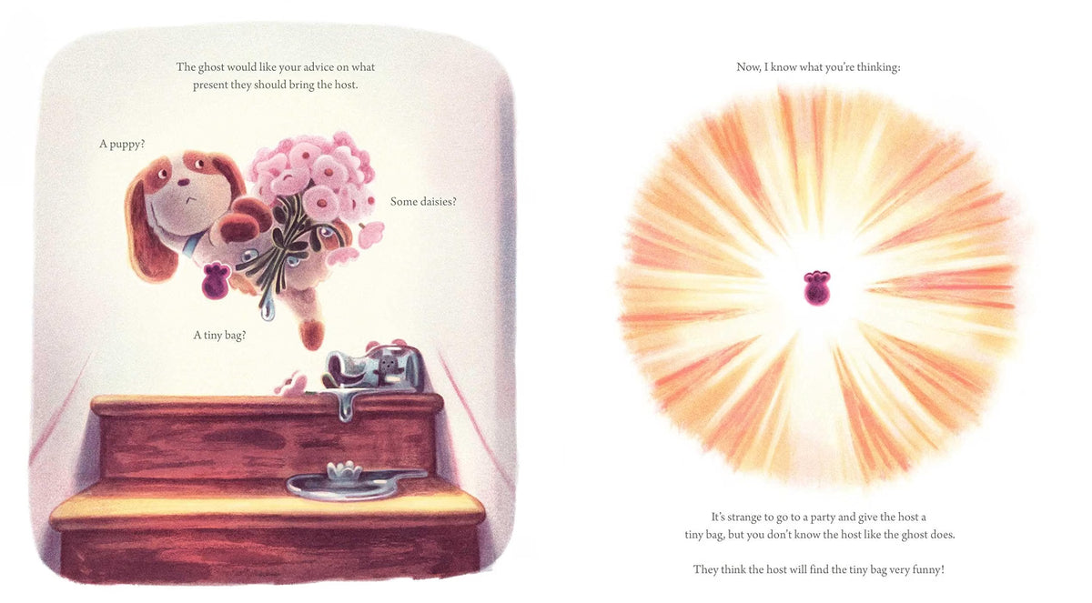 A children's book or illustrated print showing two illustrated panels with text. The left panel shows a stuffed animal holding a bouquet of pink flowers on a shelf, with labels like 'A puppy?' and 'Some dainties!'.
