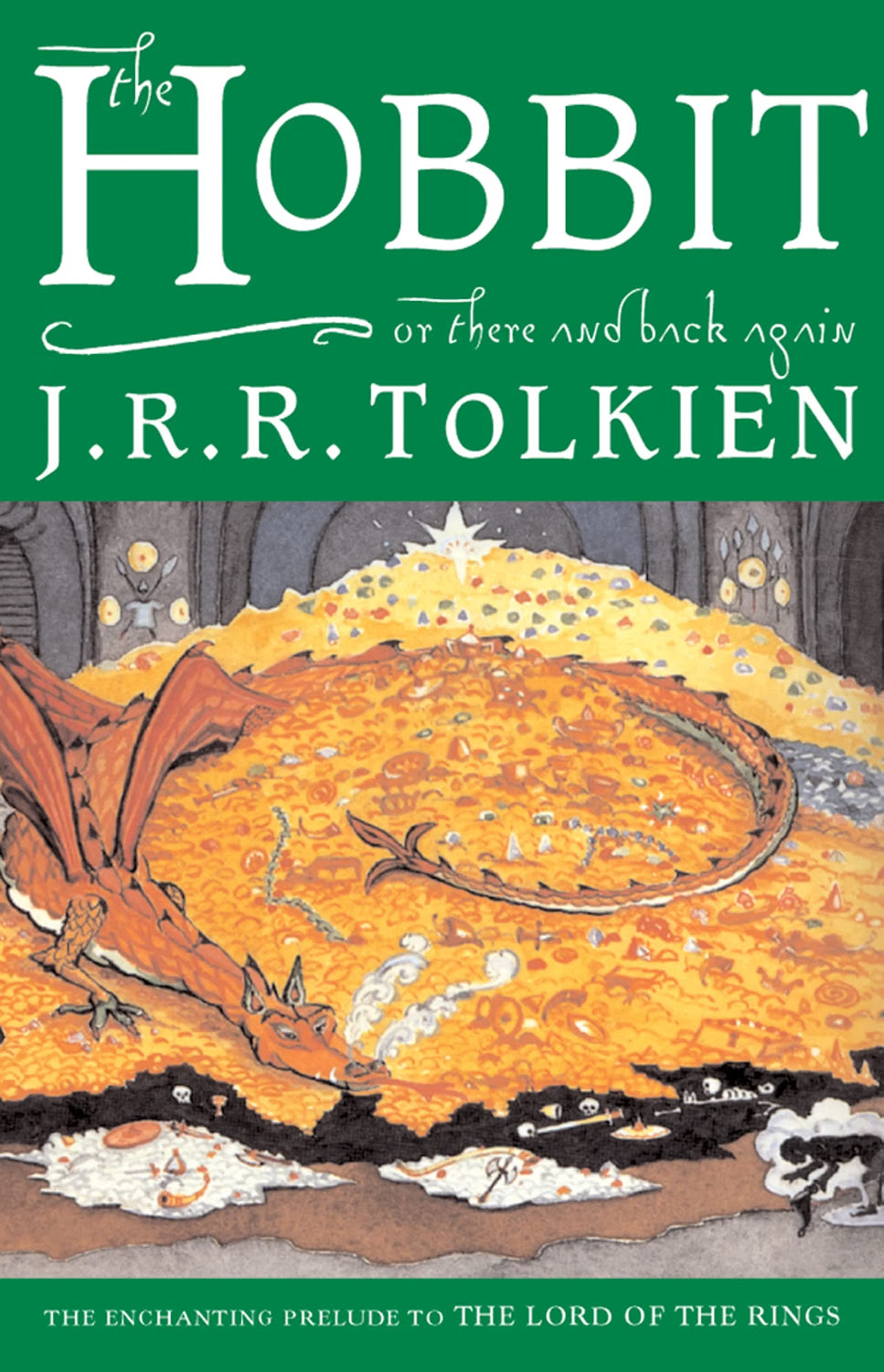 Book cover of 'The Hobbit' by J.R.R. Tolkien with a green background and illustration of a dragon and treasure.