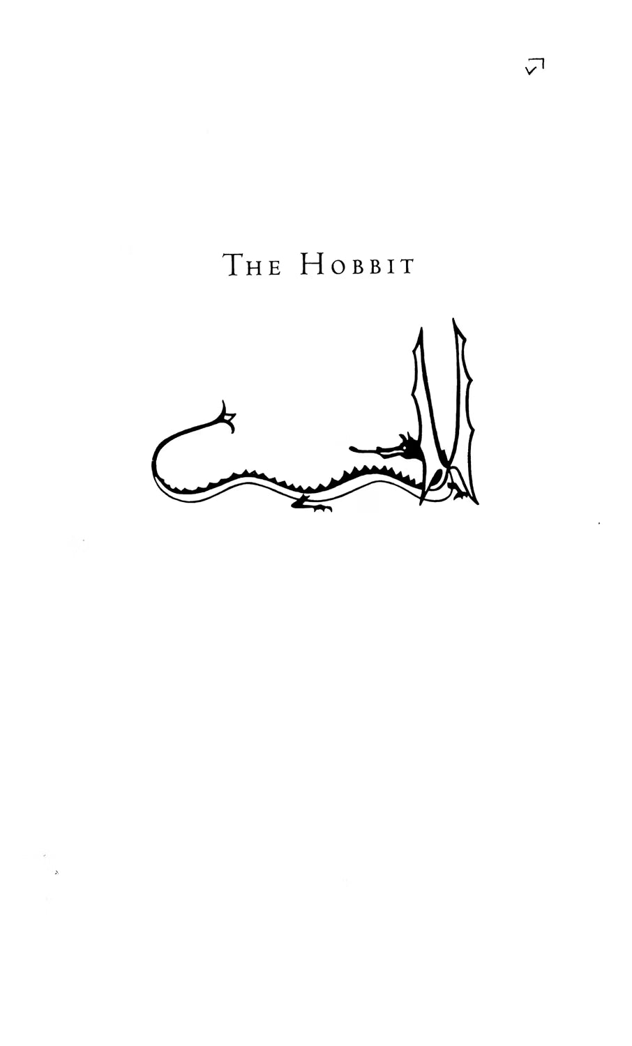 A minimalist black line art illustration of a dragon next to a tree, with the text 'THE HOBBIT' centered above it on a plain white background.