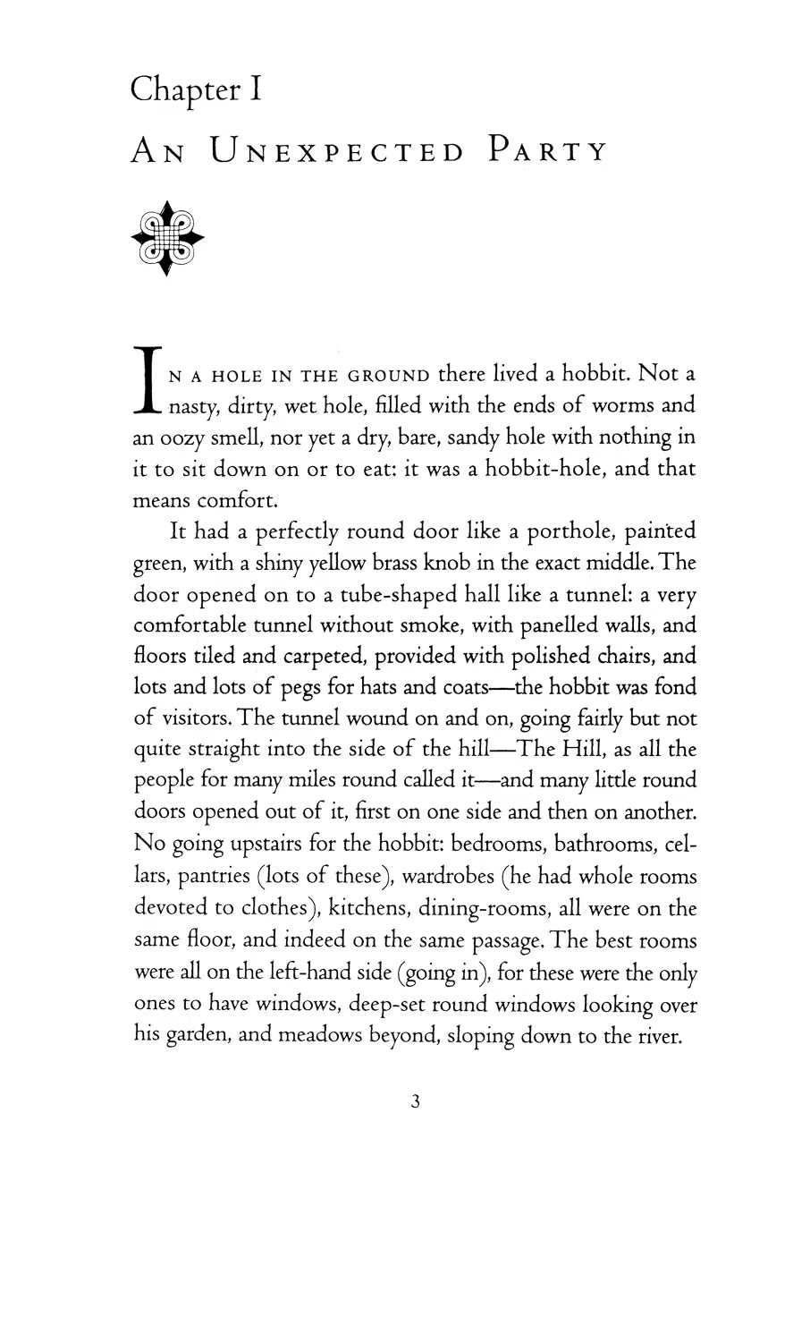 A printed book page showing the beginning of Chapter I titled 'An Unexpected Party' with a short story about a hobbit hole, in black serif text on a white page.
