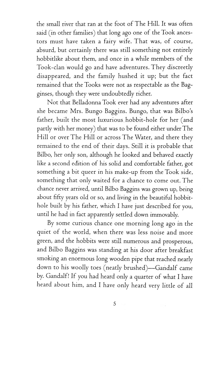 A scanned book page with a short narrative passage about a small river and a rabbit foot from The Hill, plus the page number 5 at the bottom.